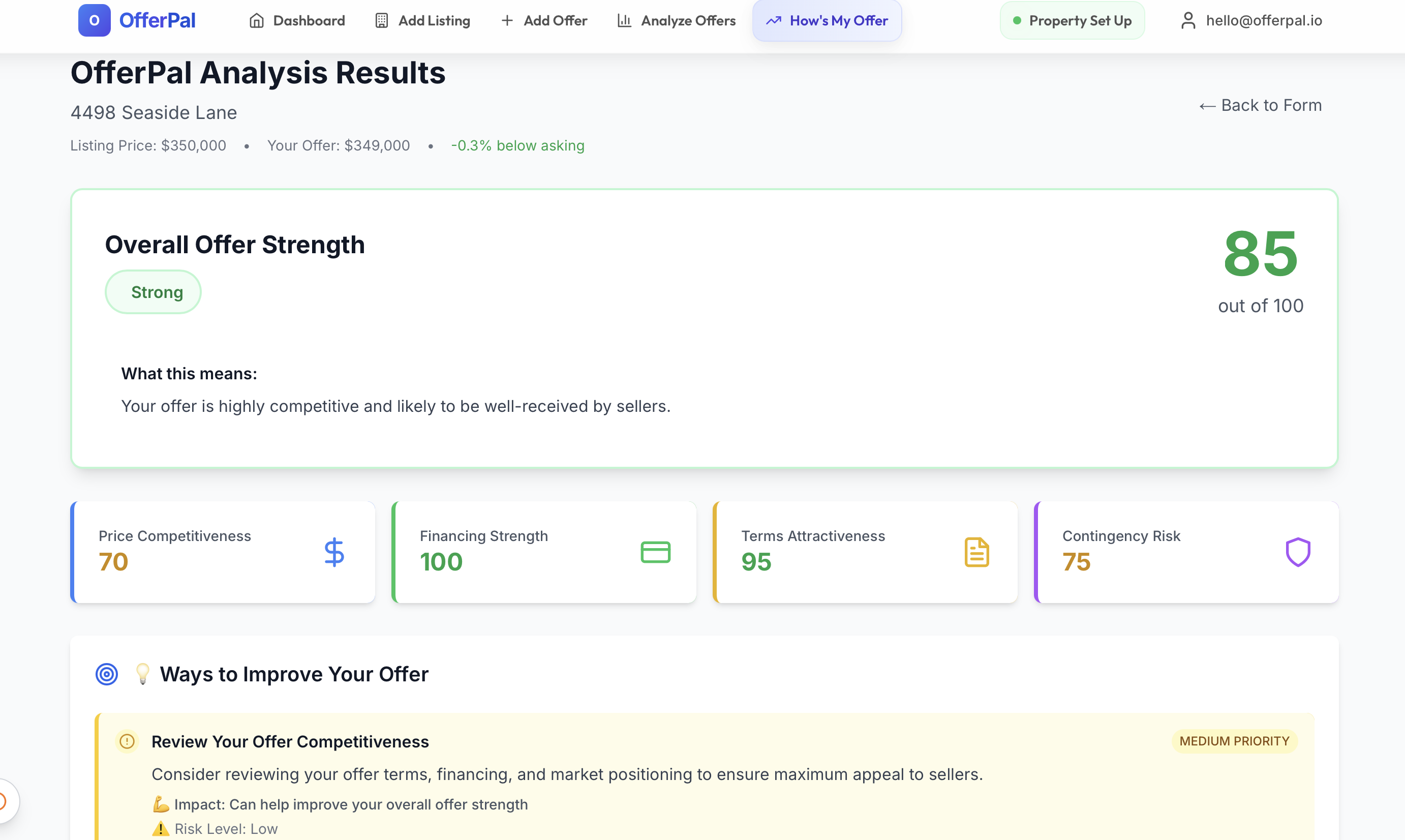 OfferPal 'How's My Offer' buyer-side analysis showing offer strength and acceptance probability
